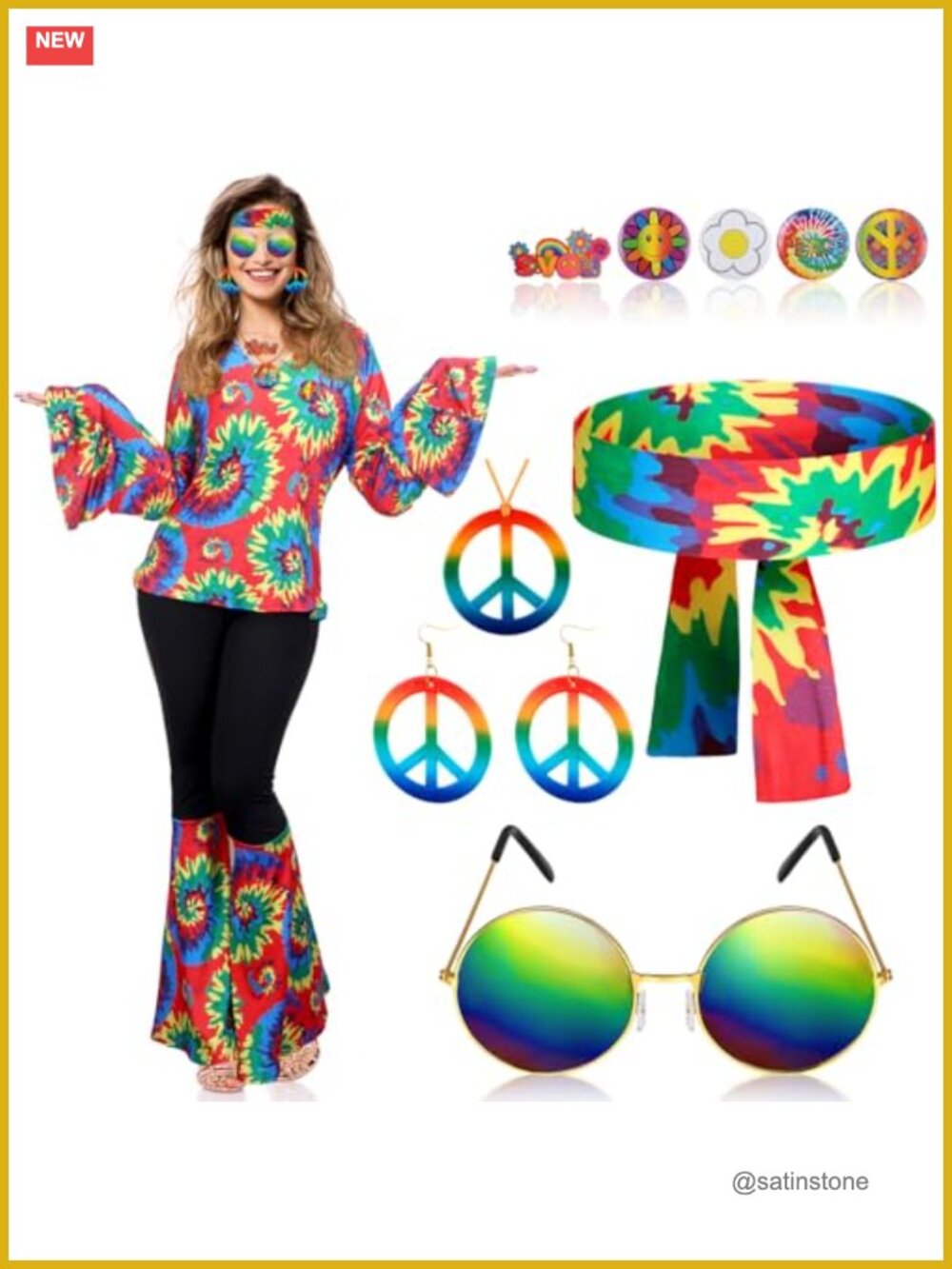 11 Pc Hippie Costume Set Women 60s 70s Party Outfit Top Pants